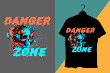 Danger Zone Skull Headphone Gaming T-Shirt Design – Colorful Grunge Vector for Print