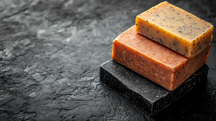 Stacked artisan soaps on dark stone