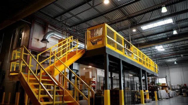 Warehouse Interior with Yellow Metal Staircase and Elevated Platform Structure in Factory Setting with Visible Ceiling and Lighting