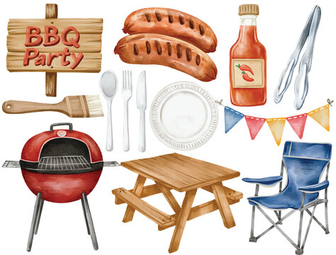 Watercolor BBQ Party Vector Clip Art Set Hand Painted Grill Sausage Sauce Bottle Picnic Table Paper Plate Tongs Banner Camping Chair Cooking Utensils Illustration