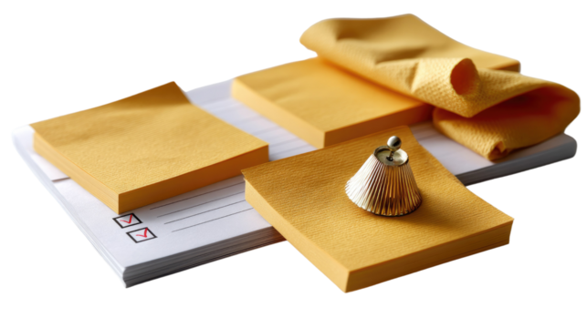 Office Stationary: The desk is organized with a notepad, memo pads, and small bell for daily office work and organization