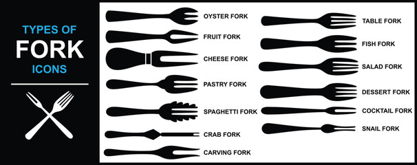 Types of Fork Vector Design, Fork Icons Set vector Drawing, Fork logo Icons set vector drawing black and white.