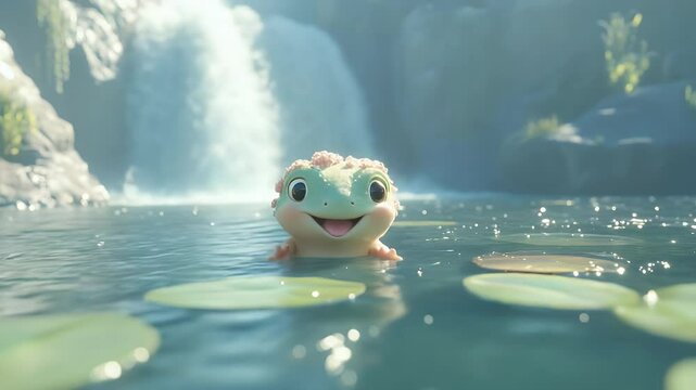 Cute frog in a waterfall pond