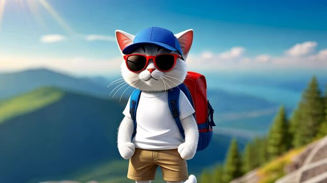 Cartoon cat in sunglasses and blue baseball cap stands on mountain with backpack on his shoulders. Cat in white T-shirt and shorts is enjoying walk in fresh air and is ready for adventure.