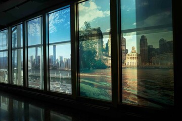 A captivating view of a modern city skyline, framed by large windows with natural light.