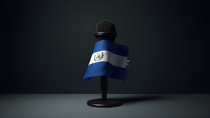 Nicaragua’s flag constricts a microphone—a potent emblem of stifled dissent. Dark, cinematic tones heighten the impact.