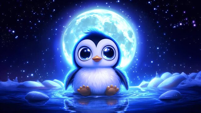 Cute penguin under moonlight