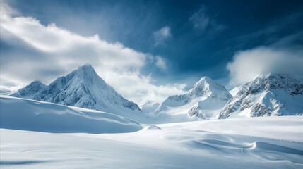 Fototapeta premium Snow covered mountain peaks under a cloudy blue sky. Winter landscape in the arctic region. Travel and adventure concept.