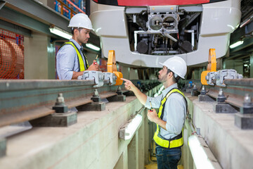 Engineers check the readiness of electric train tracks at the maintenance factory.