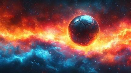 Fototapeta premium Fiery soccer ball in cosmic nebula
