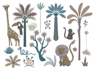 Simple animals, trees and plants. Tropical jungle vector for kids.