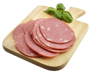 Fatias de mortadela  tradicional italiana em uma tábua de corte de madeira com fundo transparente