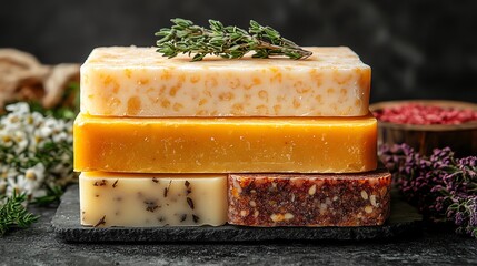Stacked artisan soaps with herbs