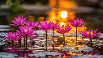 Pink Lotus Flowers in Pond at Sunset