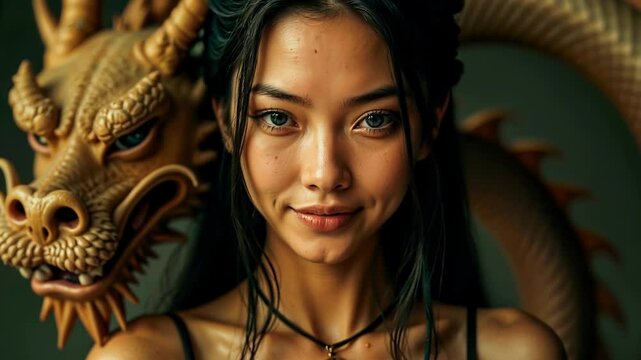 Beautiful Chinese witch with sexy look and gentle mysterious smile looking straight into the camera, behind her magical dragon as a protector and amulet