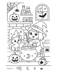 Printable Halloween coloring page witch with cauldron, school kids class activity, waiting room fun