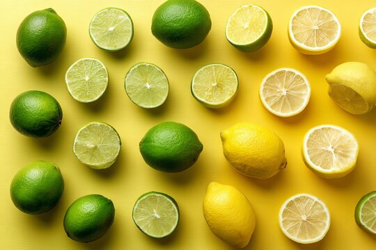 A colorful overhead shot shows fresh limes and lemons on a bright yellow backdrop.
