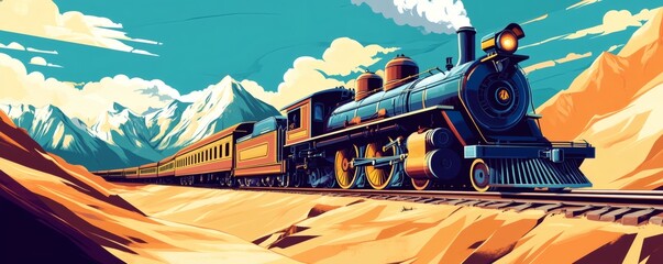 An old steam train travels through mountains and the landscape