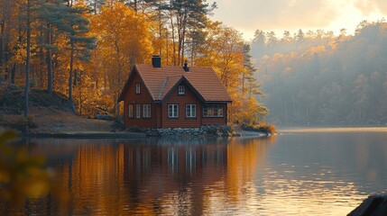 Fototapeta premium Rustic cabin nestled on a serene lake shore, framed by autumn foliage