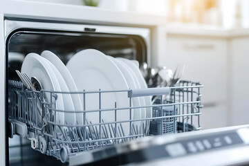 Clean dishes in dishwasher. A dishwasher basket is filled with plates, cutlery, and dishware, ready for washing or freshly cleaned.