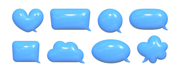 Fototapeta premium Collection of inflated 3D speech bubbles featuring a reflective texture in a vibrant blue color suitable for various graphic design applications