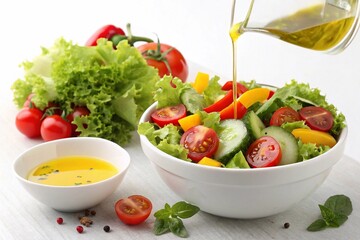 Healthy lifestyle. Fresh vegetable salad with olive oil. Appetizing portion of bright salad of various fresh vegetables (lettuce leaves, cherry tomatoes, cucumbers, bell peppers) dressed with olive oi