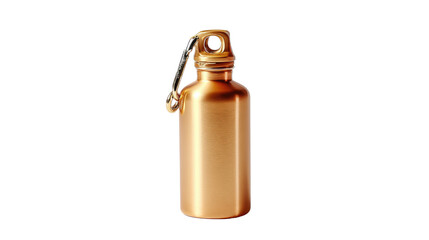 Golden Hydration Vessel: A sleek, gleaming metallic water bottle, reflecting a minimalist aesthetic with its subtle shine and a handy carabiner, embodying the essence of hydration.