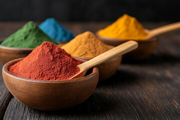 Colorful Powders in Wooden Bowls: A vibrant array of pigments and spices displayed in rustic wooden bowls, perfect for culinary or artistic inspiration.