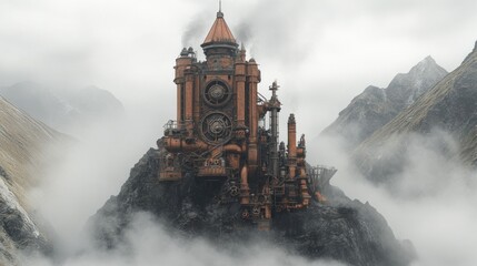 Fototapeta premium Steampunk Castle on Misty Mountain Peak