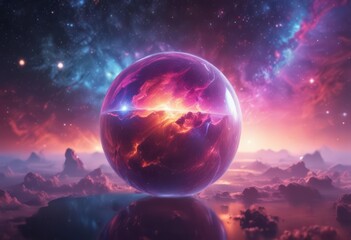 Mysterious luminous sphere floats in a vibrant nebula ,  nebula,  luminescence