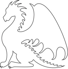 Outline silhouette of a sitting dragon with wings and spiked tail in black line art style on white background
