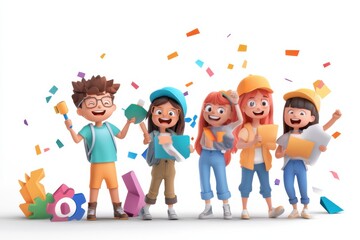 Fototapeta premium Labor Day celebration background with confetti, gear icons and cartoon characters