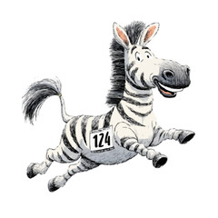 Obraz premium A cartoon Zebra running with a race number