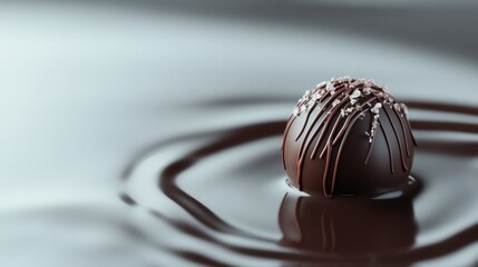 Single Chocolate Truffle With Brown Drizzle and Sprinkles On Rippled Dark Chocolate Surface