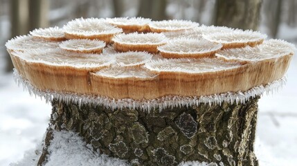 Frosted fungus layers on tree stump in snowy forest