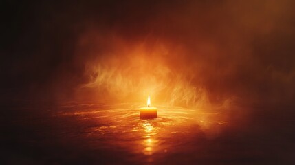 Single Lit Candle In Dimly Lit Room Creates Warm Ambiance With Reflections And Golden Glow