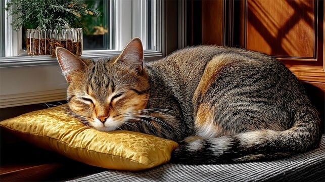 Relaxed tabby cat sleeping on a decorative pillow by the window in cozy home interior