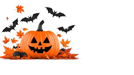 Spooky Halloween Jack-o'-lantern with Bats and Autumn Leaves