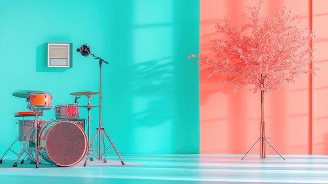 Vibrant room with drums and a tree. Soft light and vibrant colors create a lively atmosphere