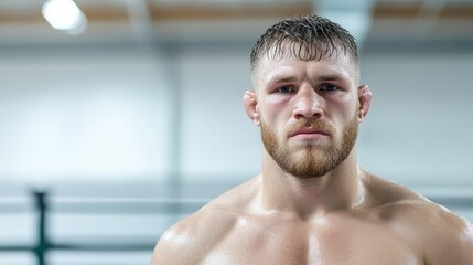 Obraz premium Focused fighter in gym. Serious male athlete, post-workout, muscular physique, determined gaze