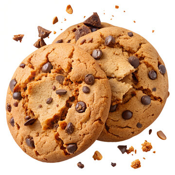 Isolated homemade chocolate chip cookies are sweet baked snacks