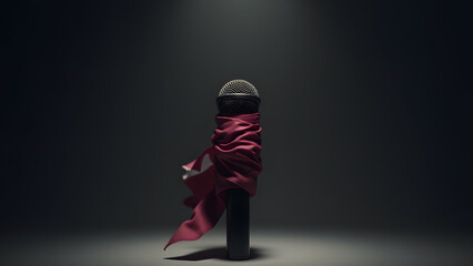 Qatar’s flag tightly binds a microphone—symbolizing controlled speech. Dark, dramatic lighting enhances the oppressive mood.