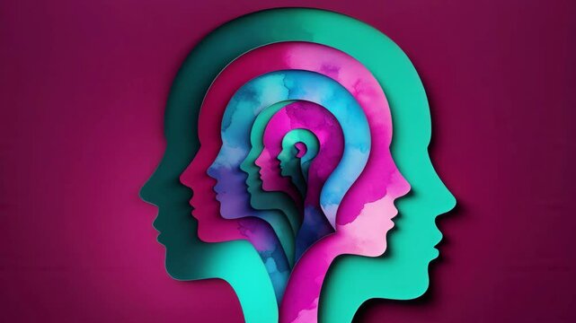 Layered human head silhouettes in colorful abstract paper cut style on magenta background, concept of mental health, psychology, and inner self for use in education and awareness visuals