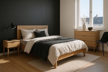 Scandinavian style bedroom with contrasting tones with modern furniture, styled with clean modern design, cozy atmosphere and well-composed natural textures