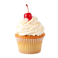Isolated cherry vanilla cupcake with white frosting and cherry topping on top