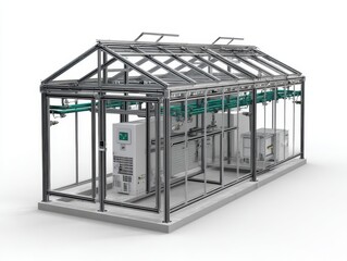 Highly detailed 3D visualization of an eco-intelligent greenhouse automation system with spray nozzles, humidity sensors and a solar controller used in food production.