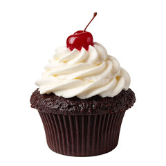 Isolated black forest cupcake with whipped cream and cherry topping