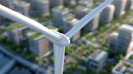 Wind turbine above modern eco city with green rooftops for sustainable technology, energy innovation and urban planning promotion