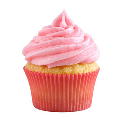 Isolated bright pink raspberry lemonade cupcake with lemon swirl frosting on white background
