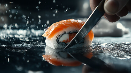 A culinary artisan precisely slices through a vibrant salmon sushi roll on a polished dark surface.